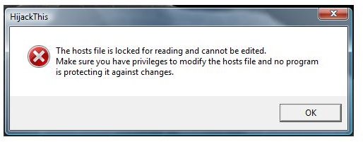 Locked Hosts file as per HijackThis tool