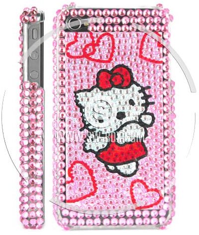 Hello Kitty & Hearts Diamond Rhinestone Bling Hard Case for iPhone 4 (Pink)500-6-s