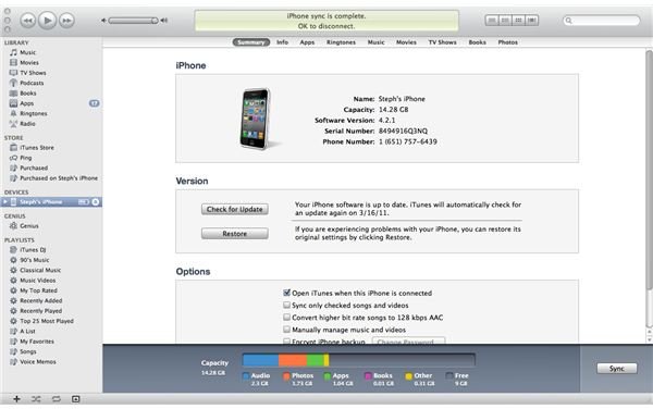 iTunes Device Summary window