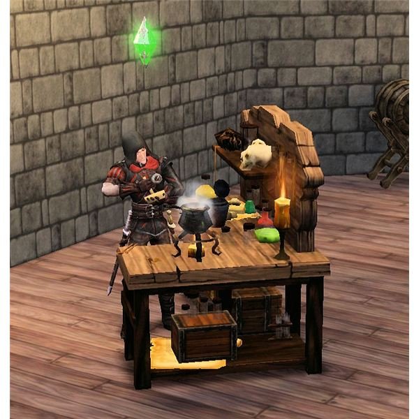 The Sims Medieval Spy at Crafting Table