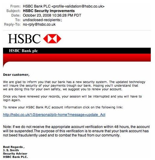 One of the top phishing threats, this is a fake email from HSBC