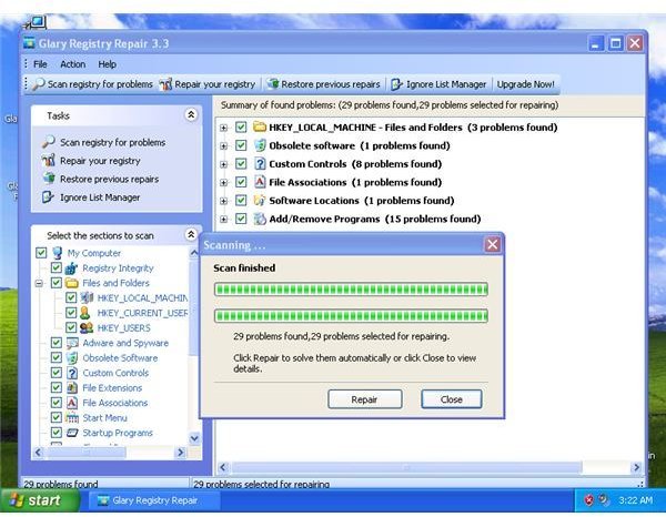 Glary Repair Registry Found 29 issues in XP&rsquo;s registry