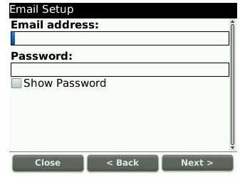 Example of the BlackBerry Email Account Login Specifications Page