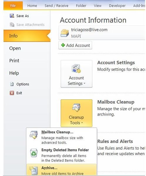 Archive in Outlook 2010