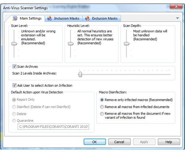 Options of Coranti Antivirus Scanners