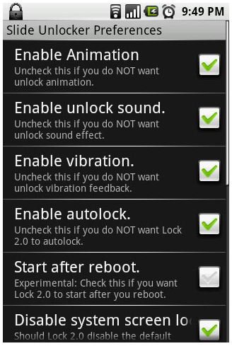Lock 2.0 Google Android - Settings Screen