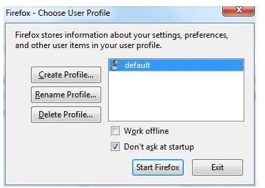 Firefox Profile Manager running on Windows 7