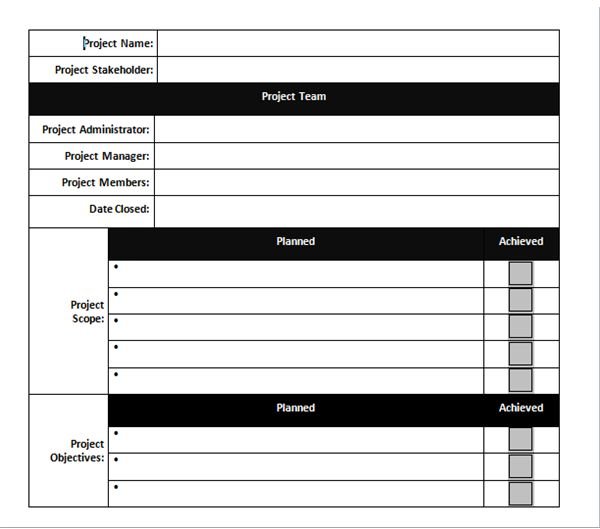 screenshot of project sign-off template for closing phase of project