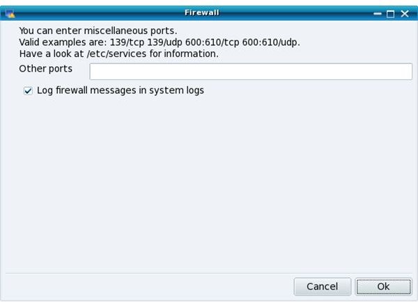 The Mandriva Linux Control Center advanced firewall port set up window.