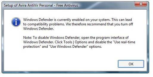 AntiVir recommends disabling Windows Defender