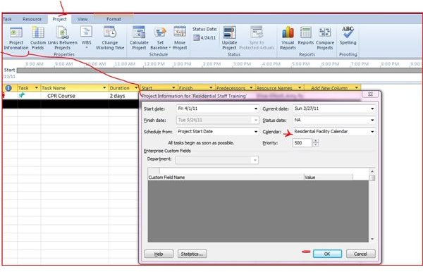 Calendar - reset Calendar in Project Information dialogue box