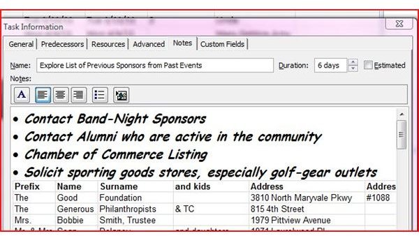 Project Notes Excel spreadsheet inserted