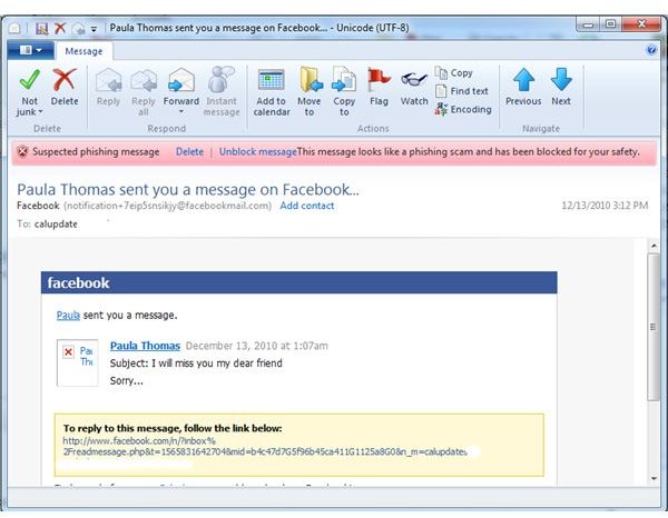 Phishing Message Blocked by Windows Live Mail Program