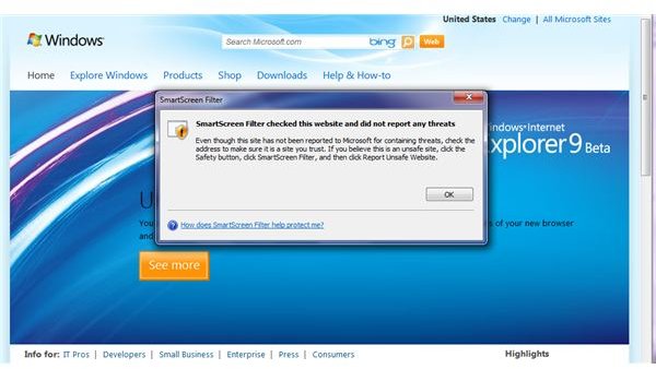 IE9 SmartScreen will check any site to see if it has been reported to Microsoft as a danger- and they are playing fair- they say make sure the Windows com site is a site you trust