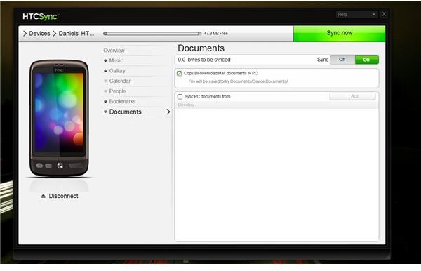 HTC Sync Documents Screen