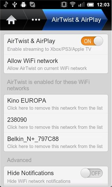 AirTwist Settings Screen