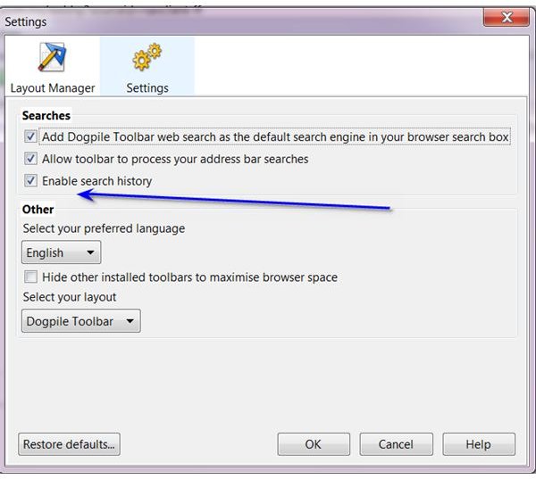 Dogpile Toolbar Layout Manager Settings