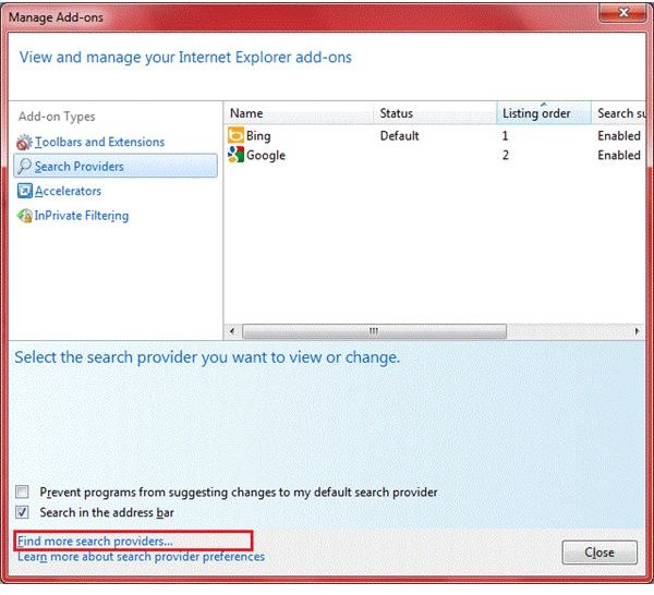 Fig 4 - Adding Search Providers to IE9
