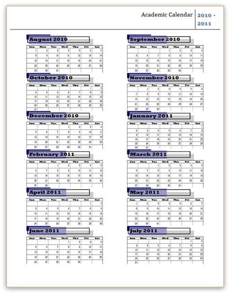 2010 - 2011 Academic Calendar Template