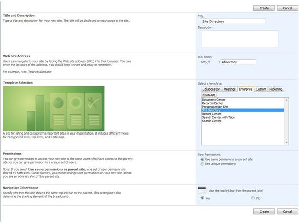 Figure 2 - SharePoint 2007 - Create Site Directory