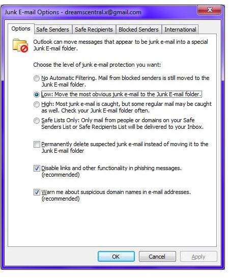 Fig 3 - Spam Blocking in Microsoft Outlook 2010 - Default Junk Mail Filter