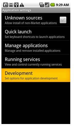Development menu in Droid