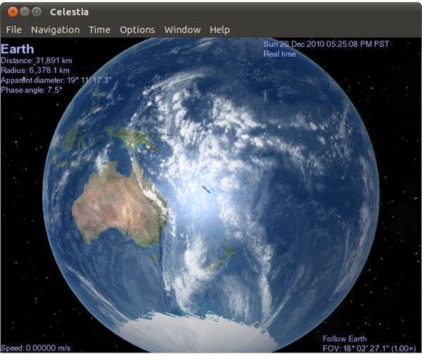 Celestia&rsquo;s default screen, showing a representation of the planet Earth.