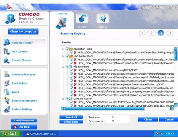 81 registry issue found by Comodo System Cleaner in a clean install XP system