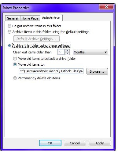 Fig 2 - Microsoft Outlook Archiving - Auto Archive Settings for Individual Folders