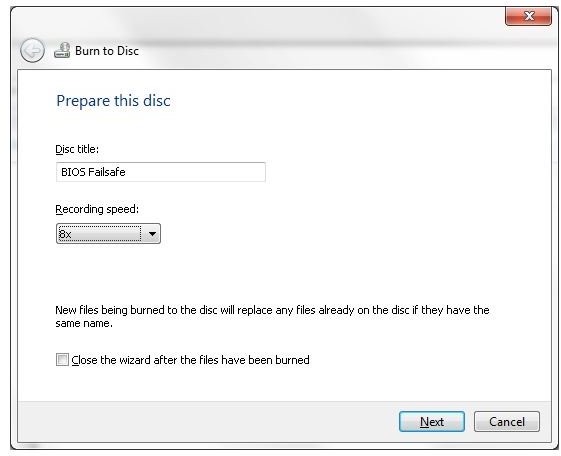 BIOS Backup &ndash; Burn Setup Window (click to expand)