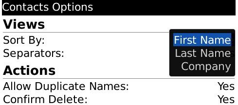 Blackberry Contacts sort by name or company