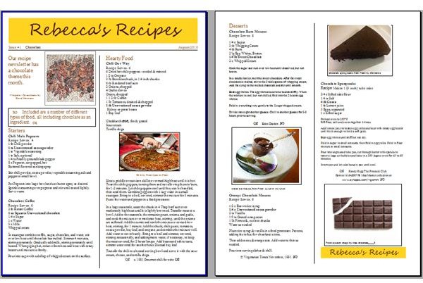 front page and 2nd page of cooking newsletter