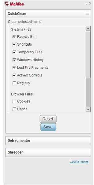 QuickClean in McAfee Helps Optimize the PC