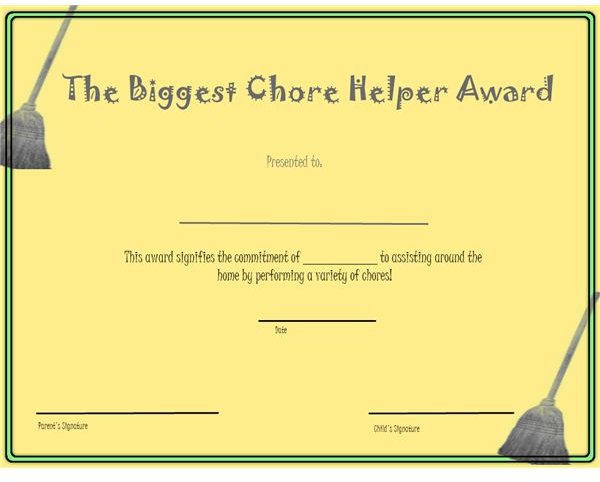 This Chore Award recognizes a child&rsquo;s consistent assistance in getting chores completed
