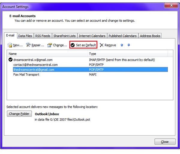 how to change email default on outlook