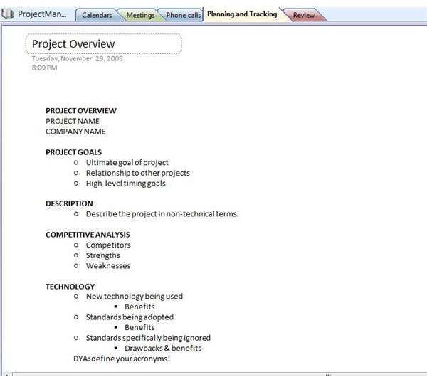 project management template onenote