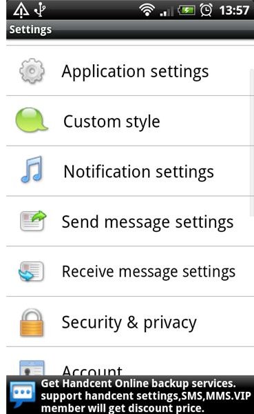 Handcent for Android settings