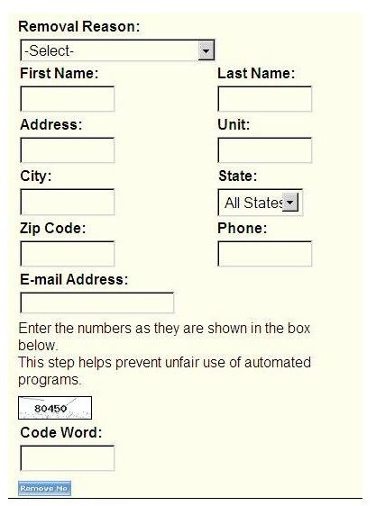 Yahoo! People Search - Removal Form