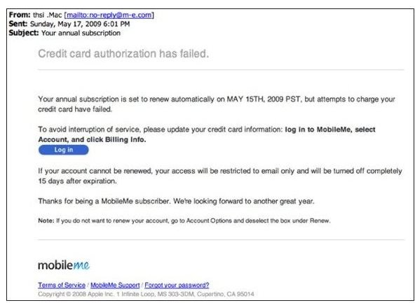 Figure 2: MobileMe Phishing Email