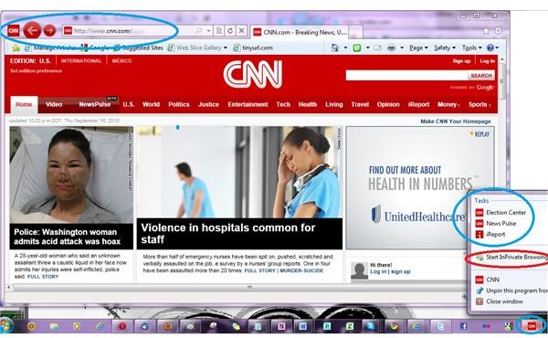 IE9 pinned CNN to my taskbar- CNN has right click menu (jump menu) in pinned icon to go to specific pages on the CNN site