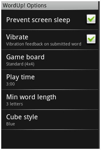 wordup for google android - options screen