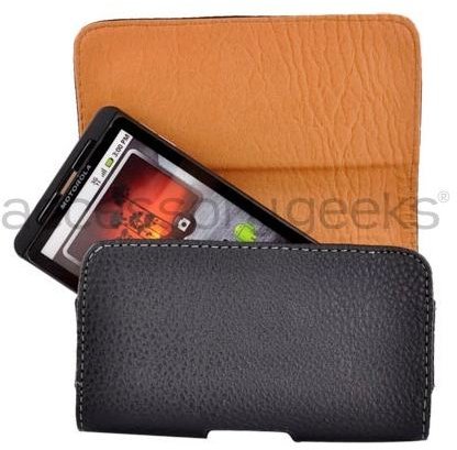 Universal Leather Horizontal Pouch Magnetic Closure and Belt Clip open