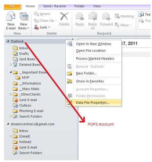 Fig 2 - Copy Outlook Emails - Data File Properties