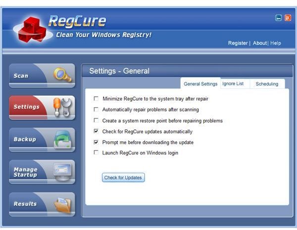 General Settings for RegCure Registry Cleaner