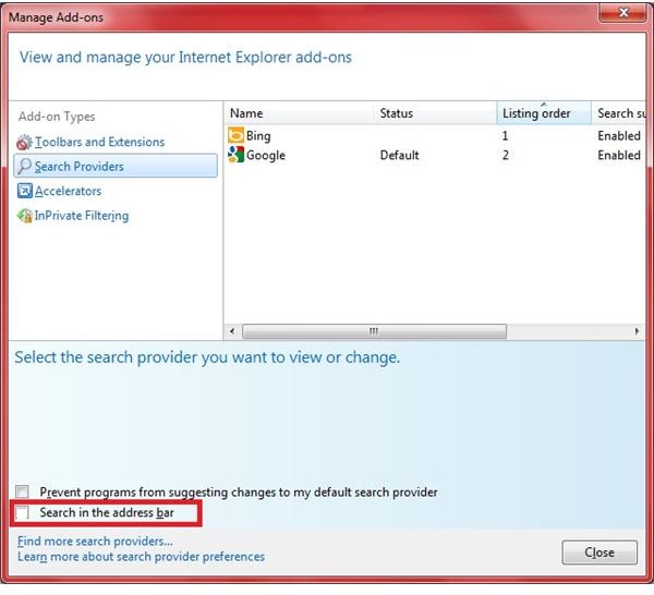 Fig 4 - How to Disable Search from Address Bar in IE9