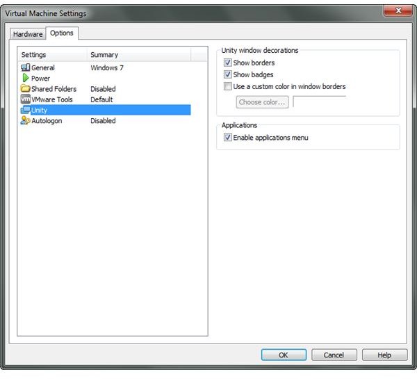Unity Mode Settings in VMware Player
