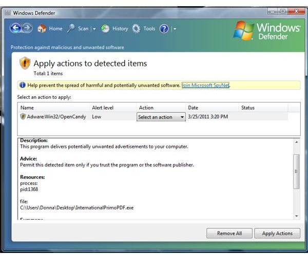 Windows Defender Report on OpenCandy, Adware