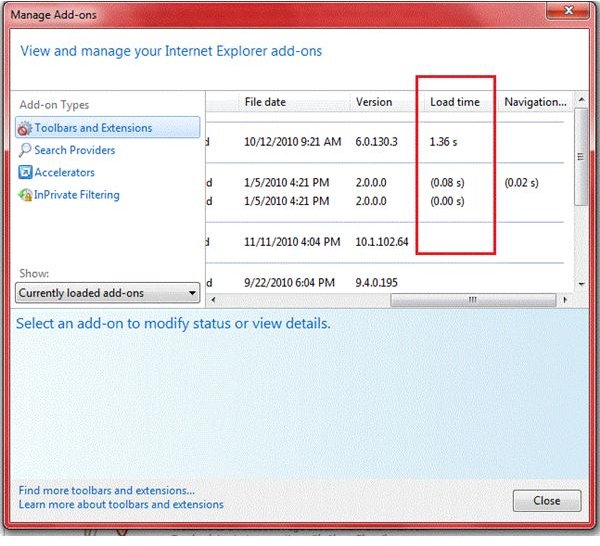 Fig 4 - Internet Explorer 9 Features - How to Manage Add-ons in IE9 to Increase Startup Speed