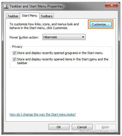 Fig 3 - Customize Windows 7 Start menu