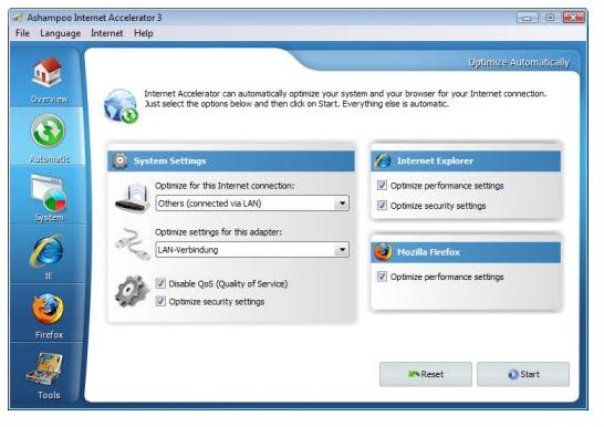 Ashampoo Internet Accelerator 3 optimization option